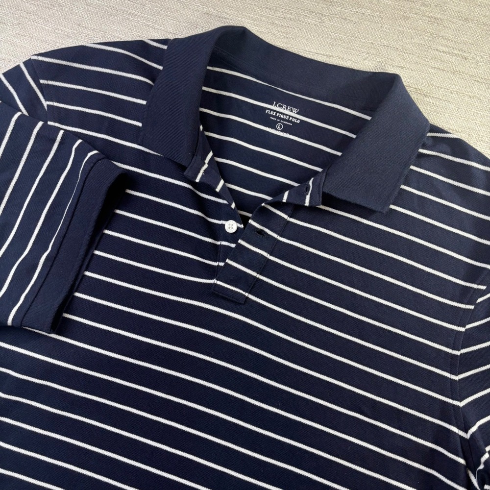 J.Crew Flex Pique Polo Mens Large Navy White Striped Untucked Fit Short Sleeve